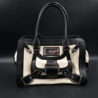 Karen Millen sandfarvet kanvas og sort læder håndtaske