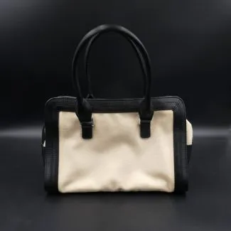 Karen Millen sandfarvet kanvas og sort læder håndtaske (29 x 19)