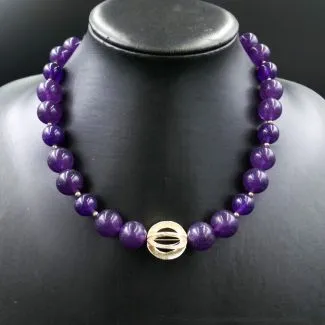 Designer halskæde med store polerede ametyst perler og sølv