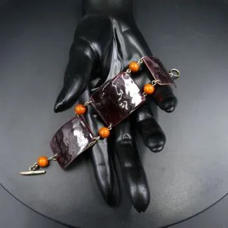 Vintage kobberarmbånd prydet med bordeaux emalje (18)