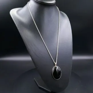 Lang kraftig sølvhalskæde med stort onyx vedhæng (60)