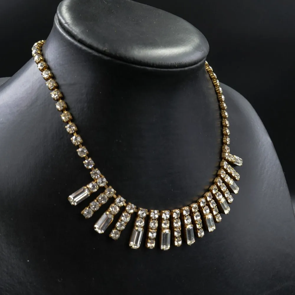 Vintage rhinstens halscolier med klare sten i gyldne fatninger