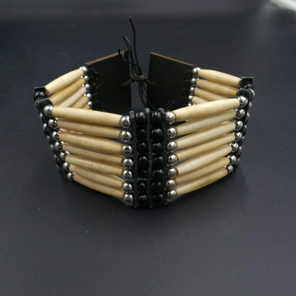 Vintage halskrave/kæde i ben & læder