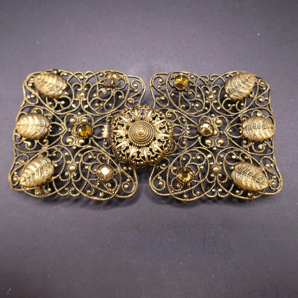 Fineste vintage bæltespænde i filigran med små gule glasflusser