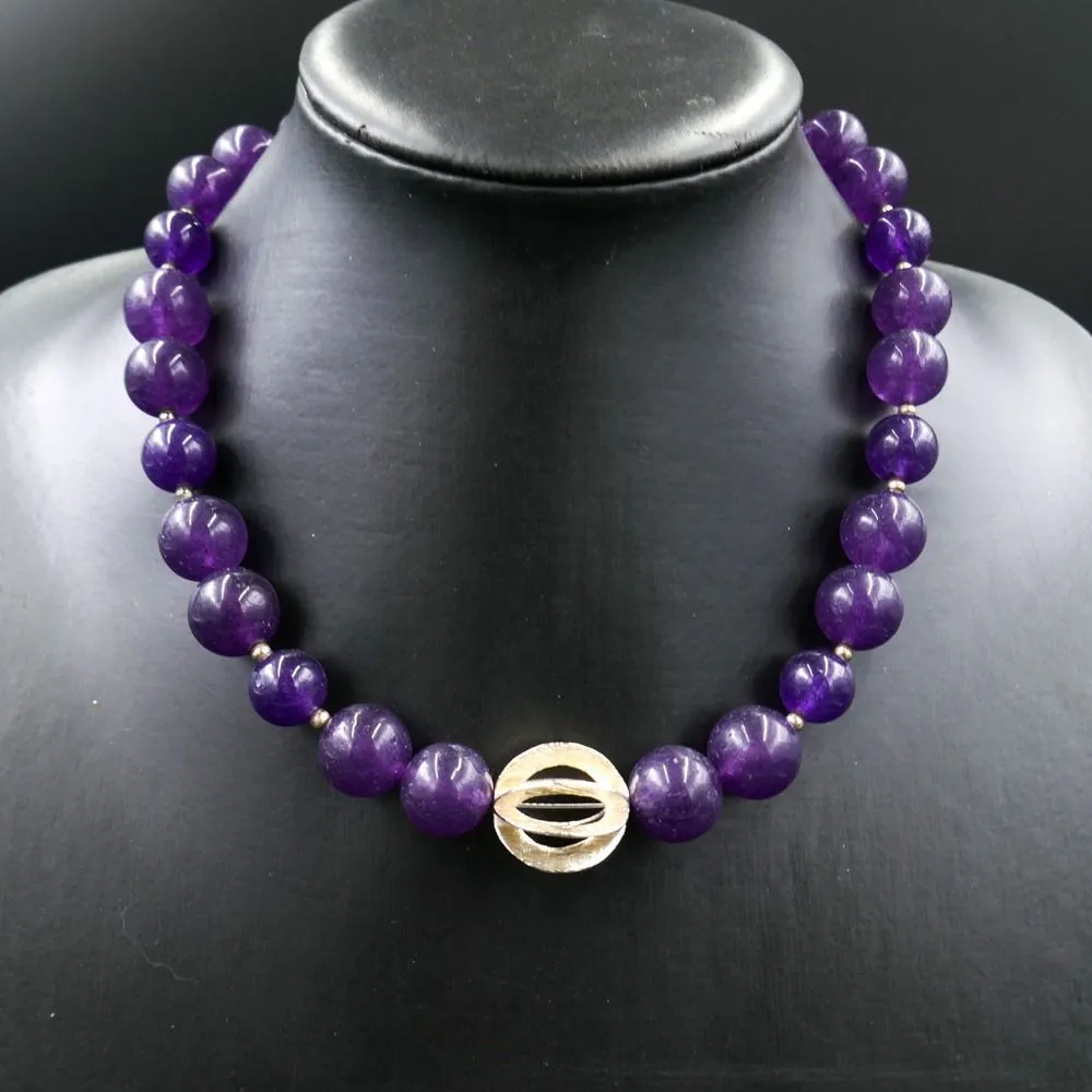 Designer halskæde med store polerede ametyst perler og sølv