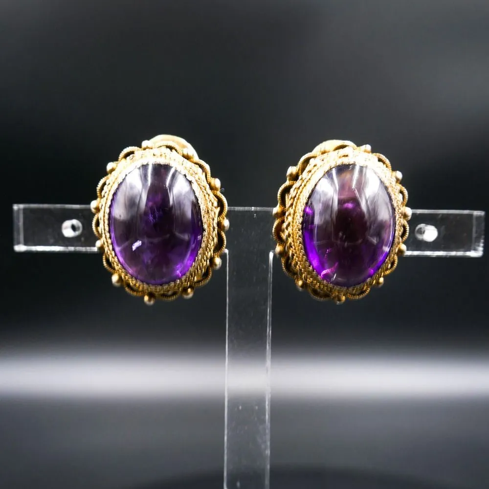 Store øreclips af forgyldt sølv filigran og ametyst fra Fenster