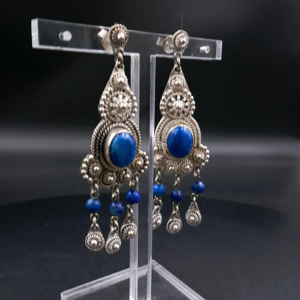 Vintage store boho øreringe med mørkeblå sten