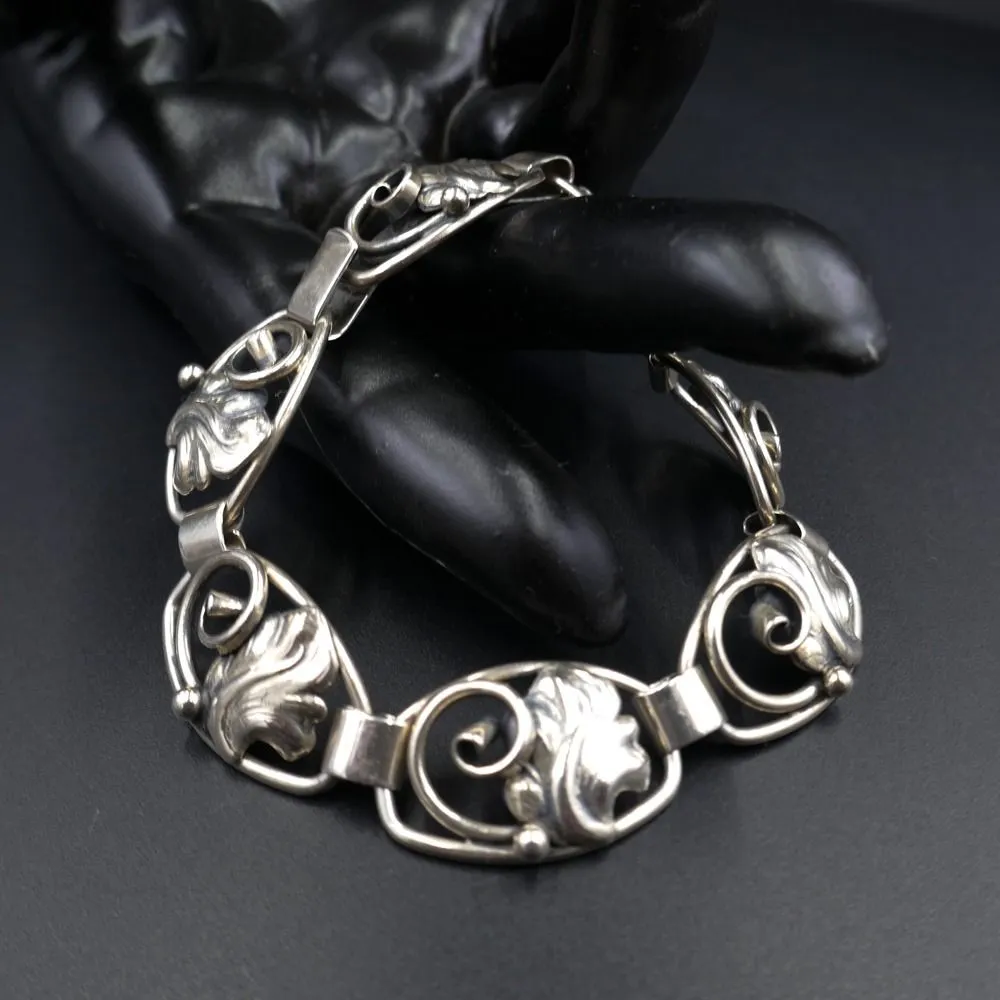 Vintage leddelt sølvarmbånd med bladværk